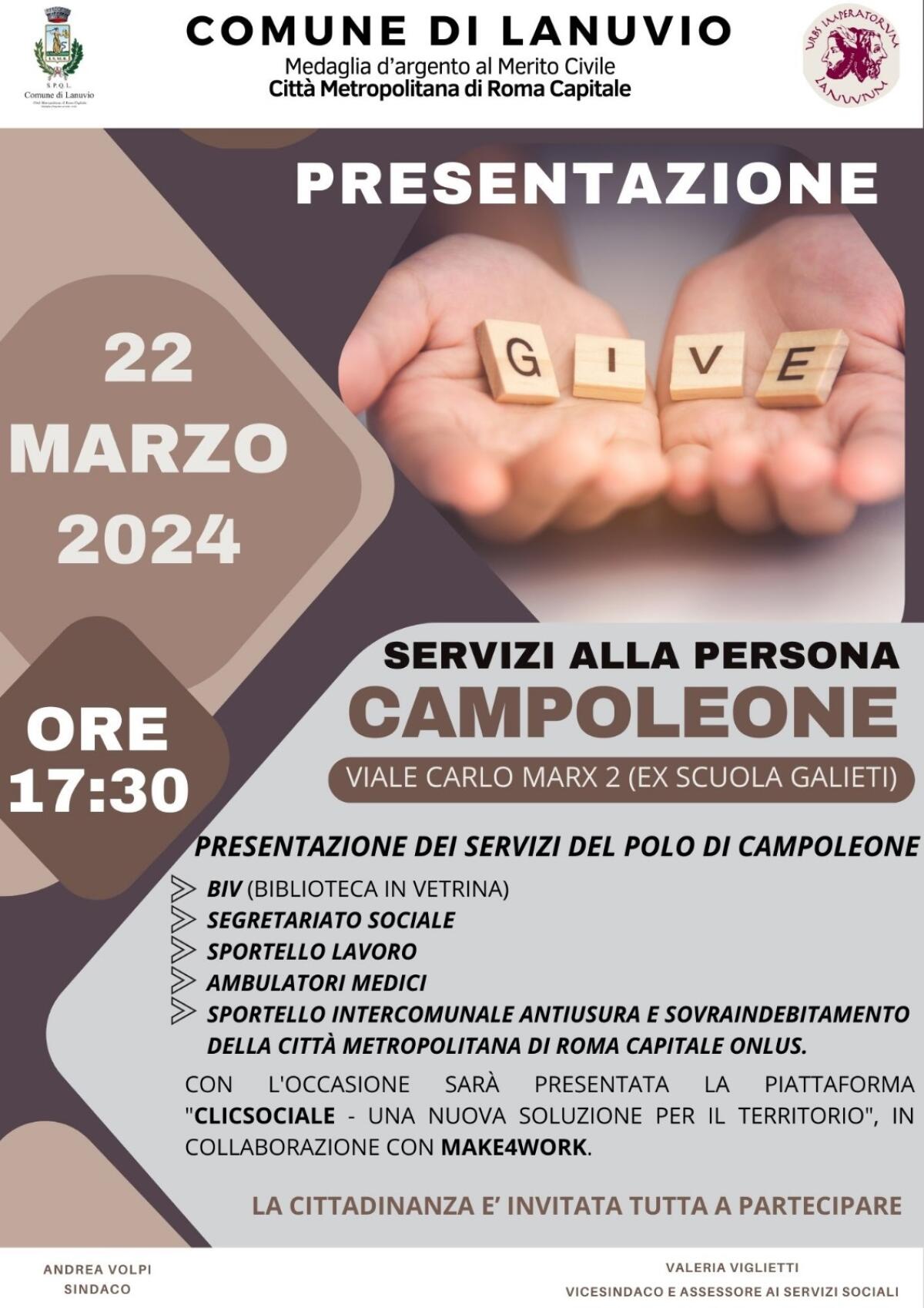 Questo venerdì 22 marzo il Comune di Lanuvio presenta i servizi alla Persona del Polo di Campoleone. - 
