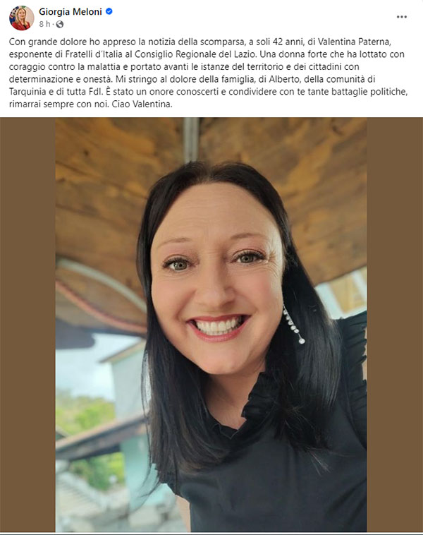 il post di Giorgia Meloni su Valentina Paterna