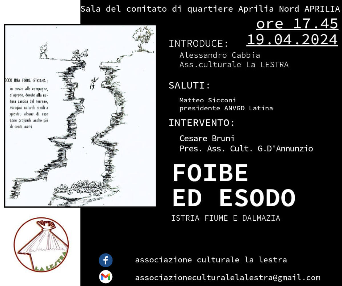 Dramma delle Foibe e dell'esodo del popolo Giuliano-Dalmata: oggi l’evento dell’ associazione La Lestra di Aprilia. - 