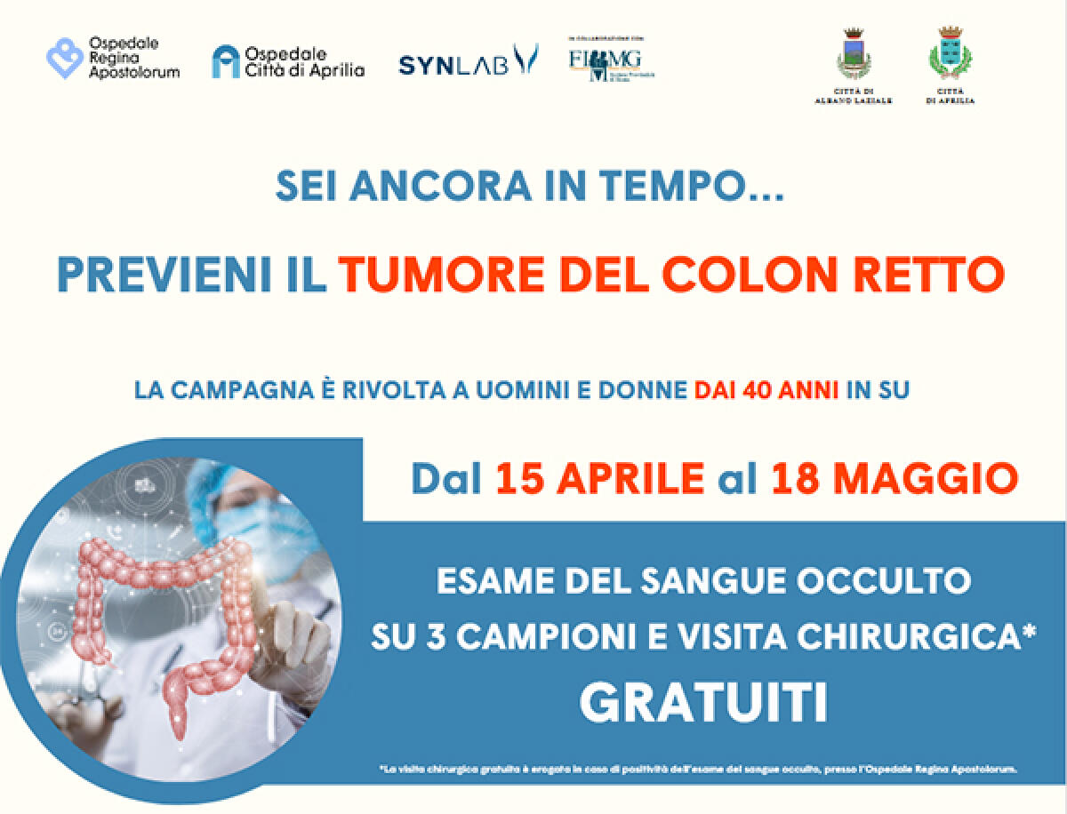 Agli ospedali “Città di Aprilia” e “Regina Apostolorum” di Albano  campagna di prevenzione del tumore del colon retto. - 