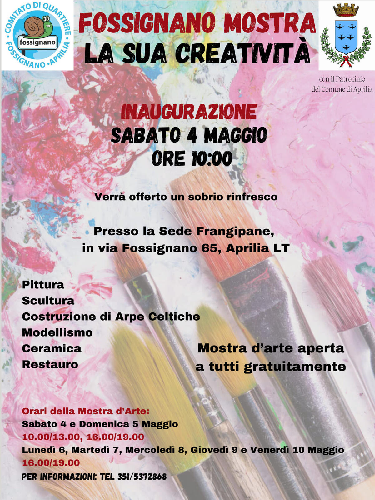 APRILIA - “Fossignano Mostra la sua Creatività”: sabato 4 Maggio l’inaugurazione dell’evento a cura del Comitato di Quartiere. - 