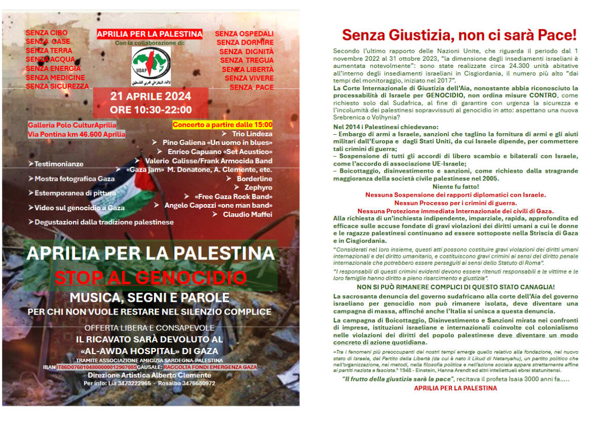 “Aprilia per la Palestina”: domenica 21 aprile la manifestazione organizzata da Aprilia Libera. - 