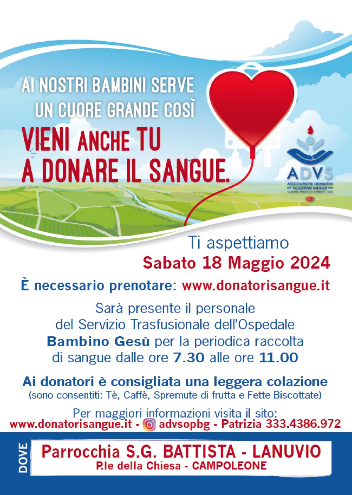 Giornata di raccolta sangue il prossimo 18 maggio alla parrocchia San Giovanni Battista di Campoleone. - 
