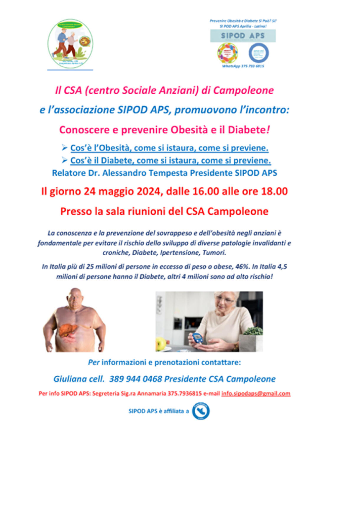 “Conoscere e prevenire l'Obesità e il Diabete”: a Campoleone oggi pomeriggio il seminario dell’associazione Sipod. - 