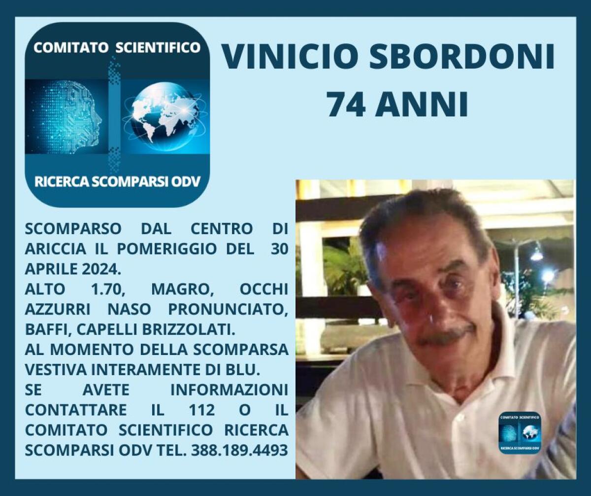 Scomparso da alcuni giorni, ad Ariccia proseguono le ricerche di Vinicio Sbordoni - 