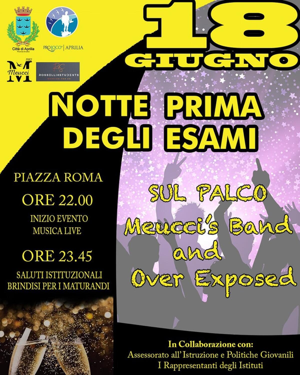 “Notte Prima degli Esami”: in Piazza Roma, ad Aprilia, il 18 giugno l’Amministrazione Comunale brinderà insieme ai maturandi. - 