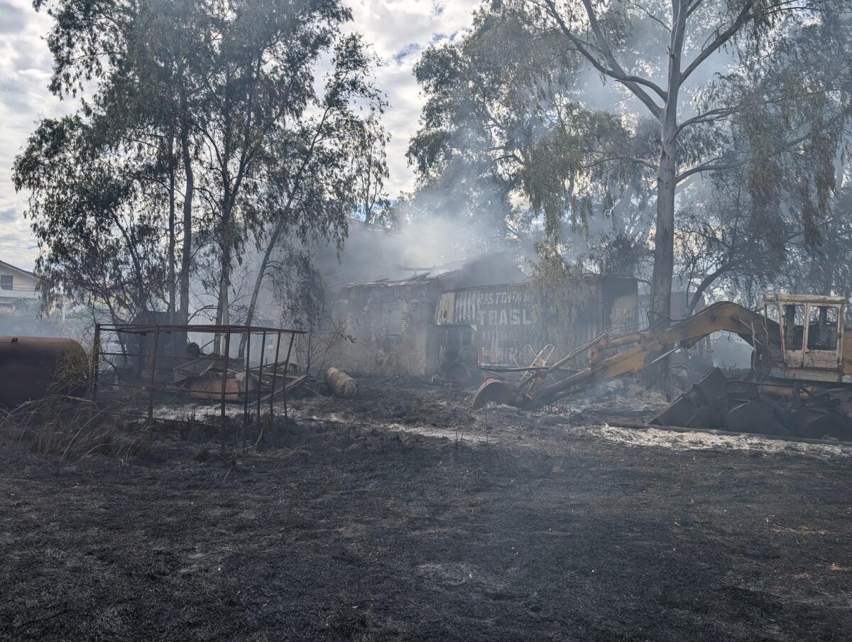 Fiamme in via Torre del Padiglione, ad Aprilia. Un grosso incendio di sterpaglie avvolge un vecchio casale. - 