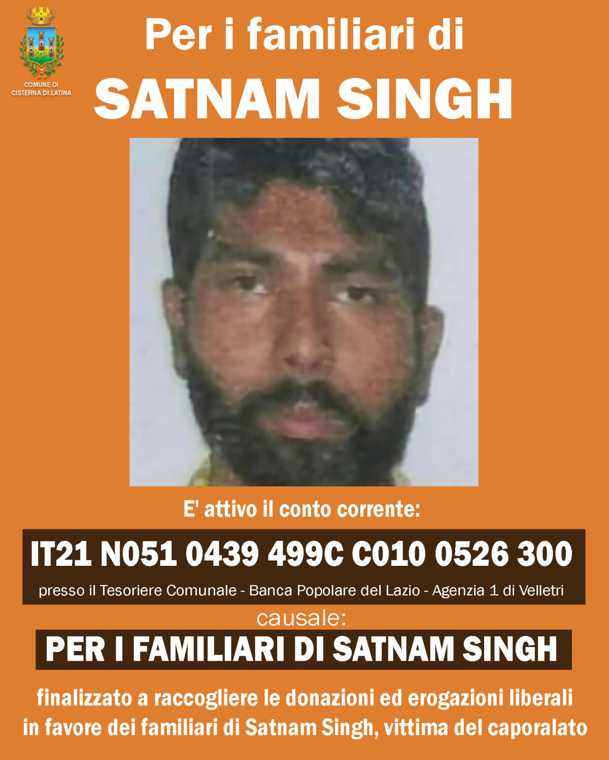 Il Comune di Cisterna avvia una raccolta fondi per solidarietà per i familiari di Satnam Singh. - 