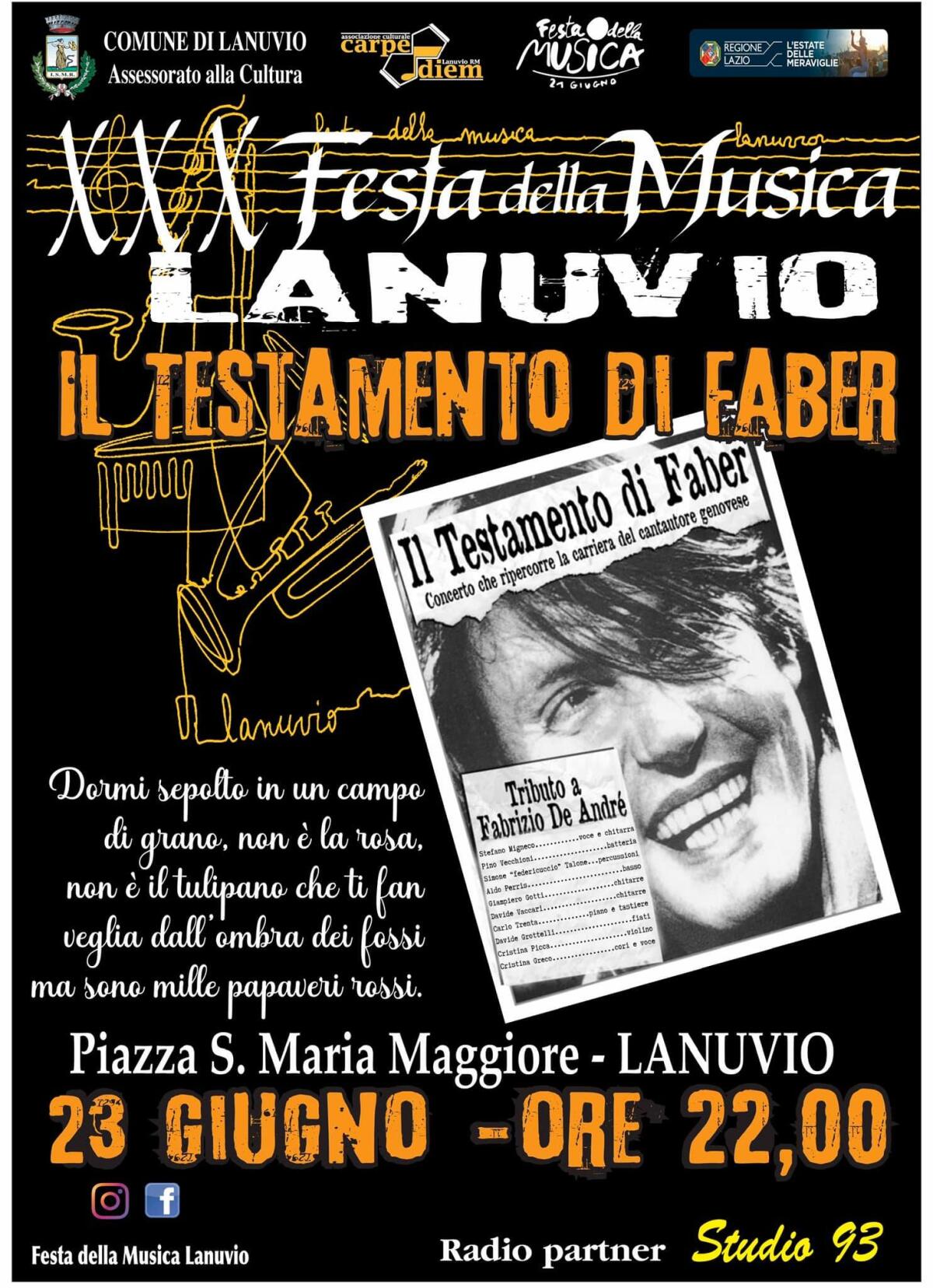 “Festa della Musica a Lanuvio”: questa domenica si chiude con il concerto de “Il testamento di Faber”. Oltre 100 artisti si esibiranno nel weekend. - 