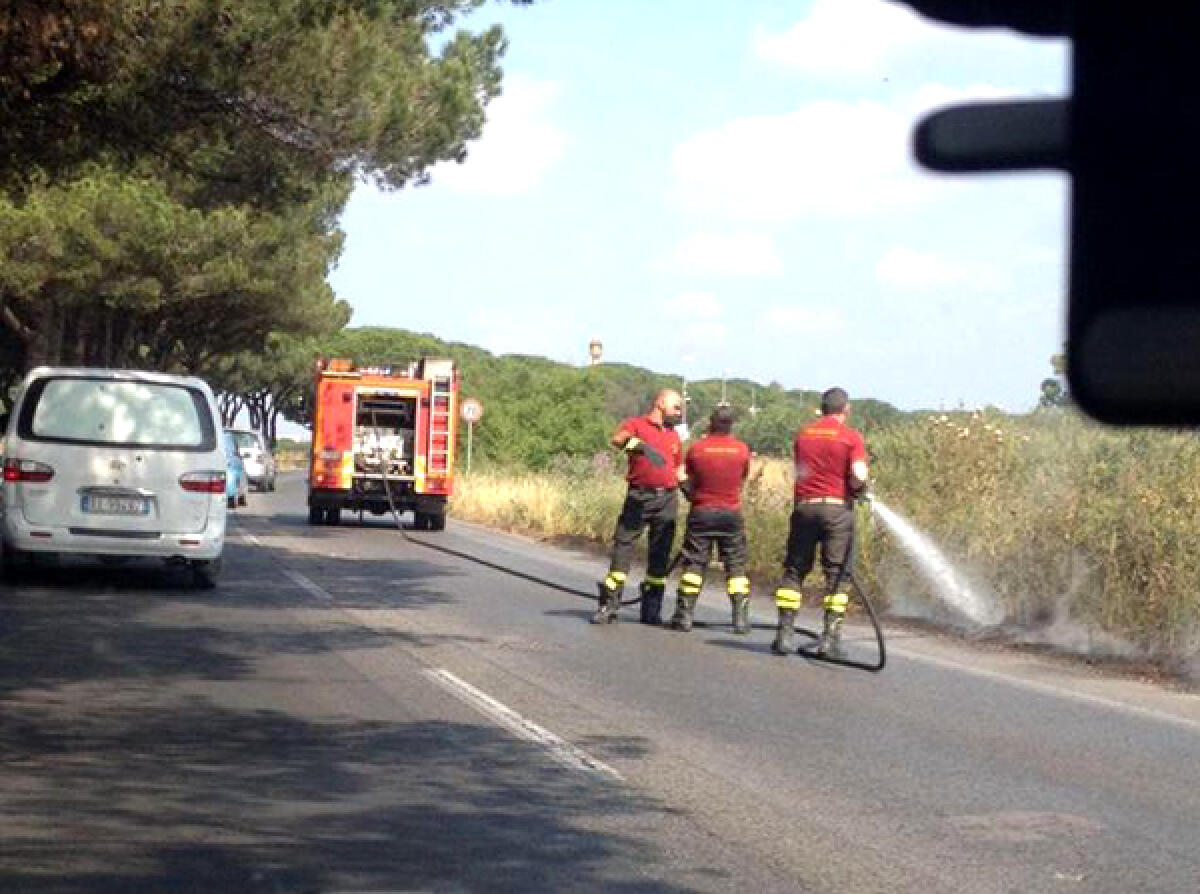 Ancora fiamme sulla Pontina: intervento dei vigili del fuoco poco prima dell’uscita per Pomezia-via Naro. - 