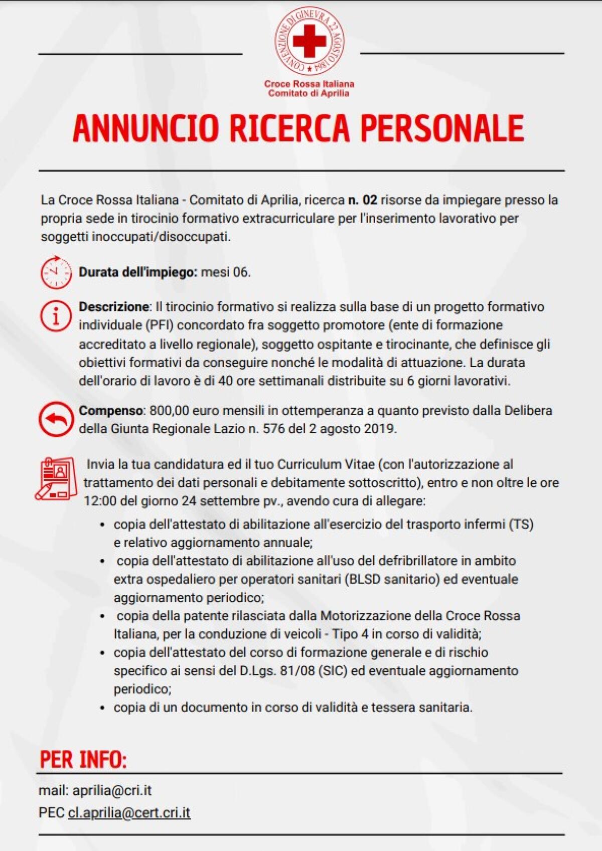 Aprilia - Due tirocini formativi alla Croce Rossa Italiana: domande entro le 12.00 del 24 settembre - 