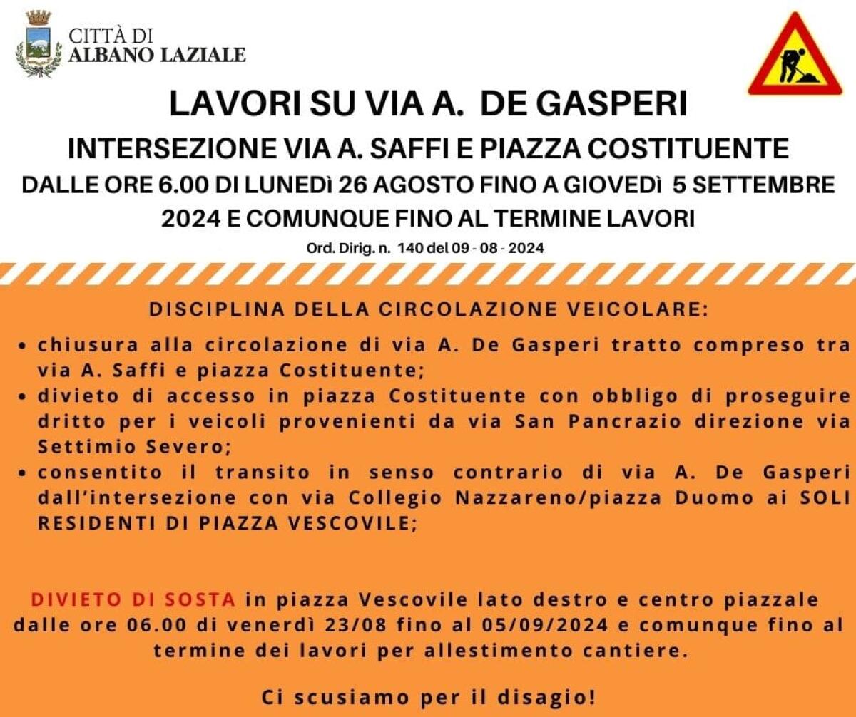 Riqualificazione di via De Gasperi, ad Albano. Cantiere aperto dal 23 agosto al 5 settembre. - 