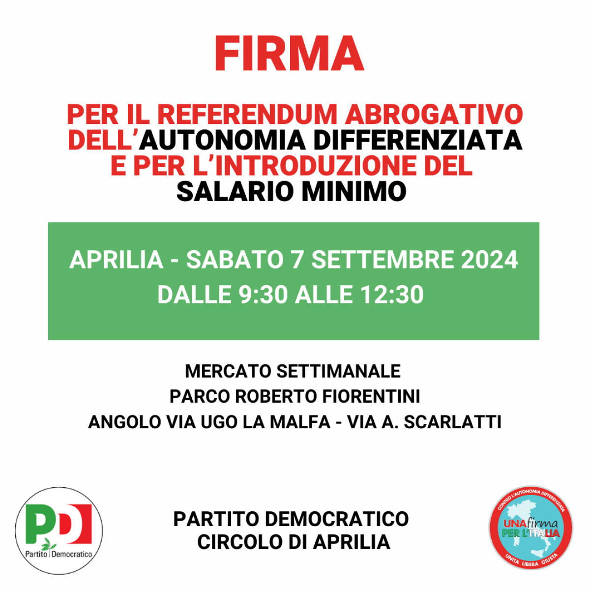 Il Pd di Aprilia torna in piazza per una raccolta firme contro l’autonomia differenziata e a favore del salario minimo. - 