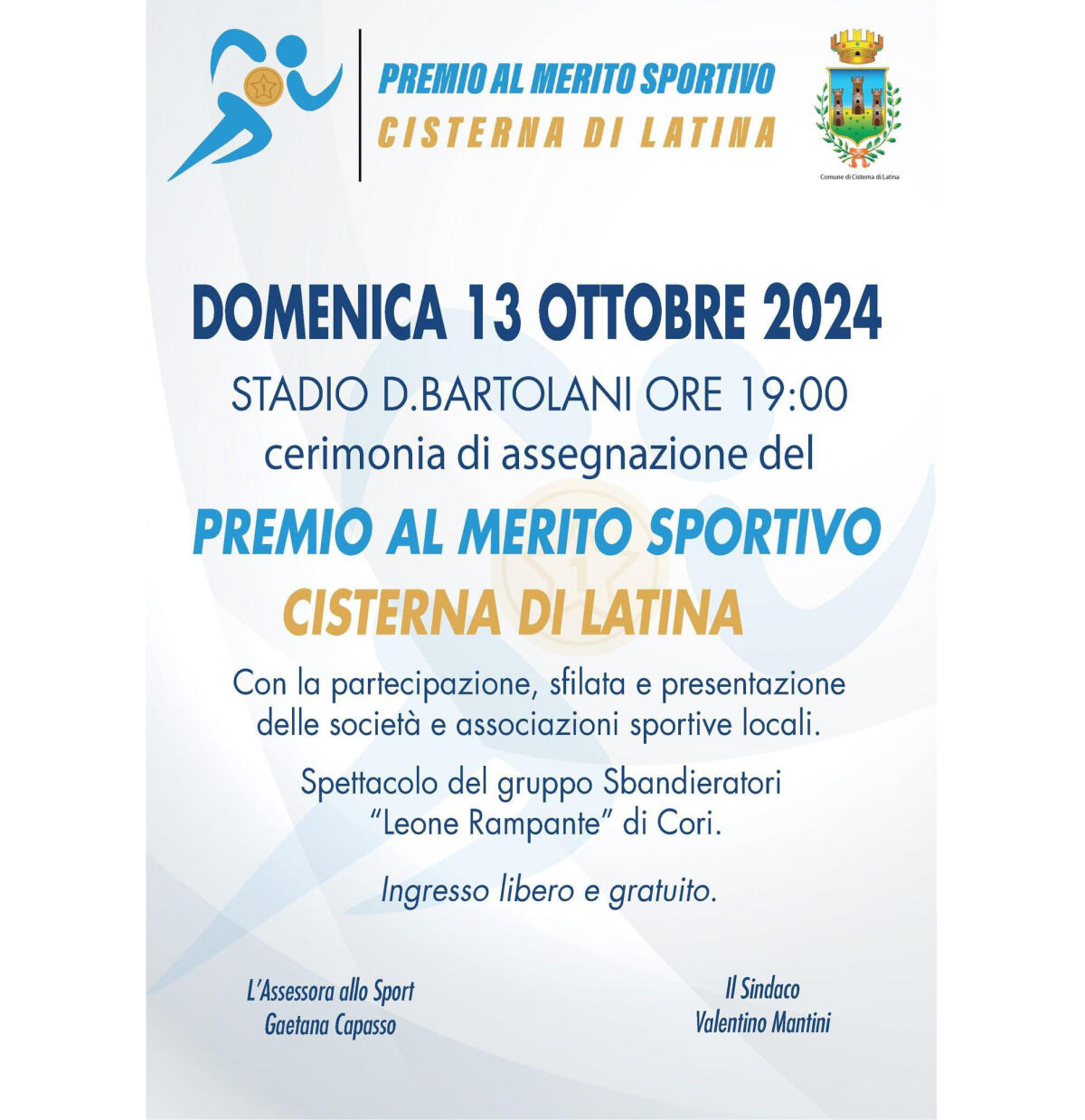 Cisterna - Premio al merito sportivo: parata allo stadio Bartolani con gli Sbandieratori di Cori - 