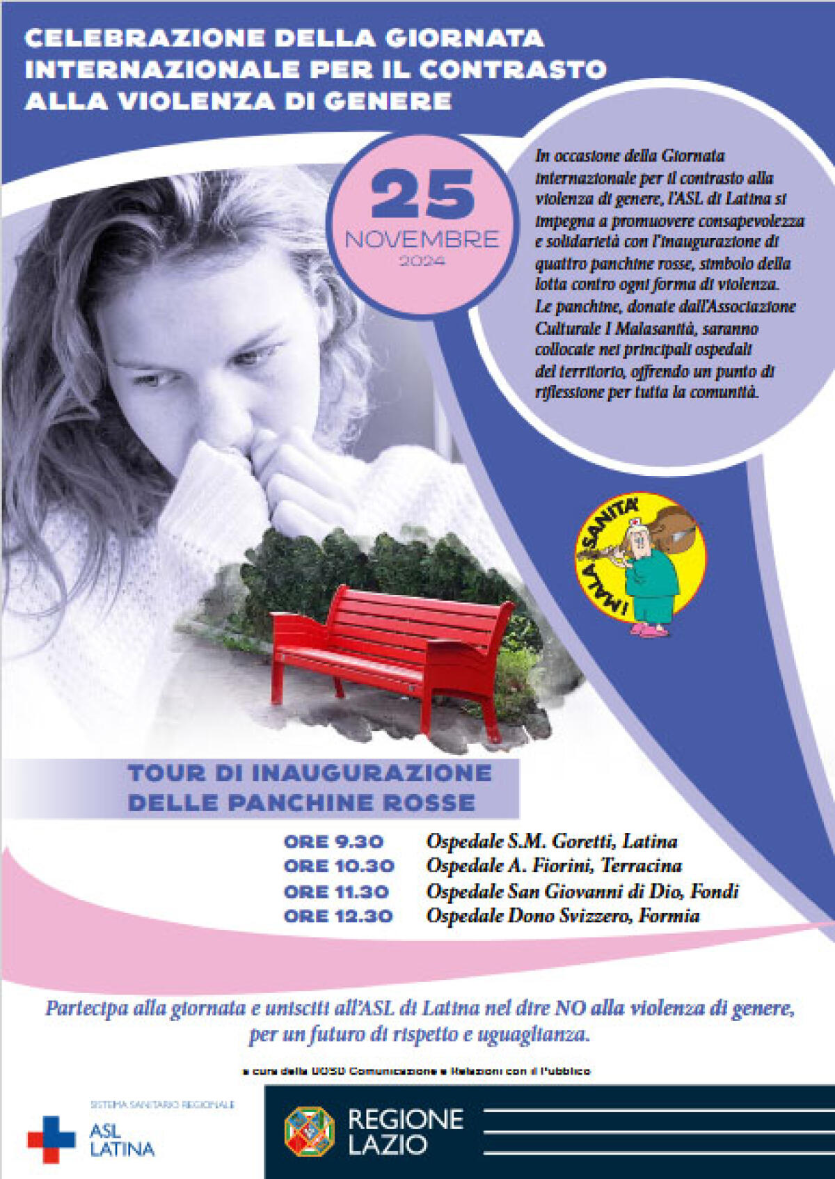 25 novembre, 4 panchine rosse presso gli ospedali di Latina, Terracina, Fondi e Formia - 