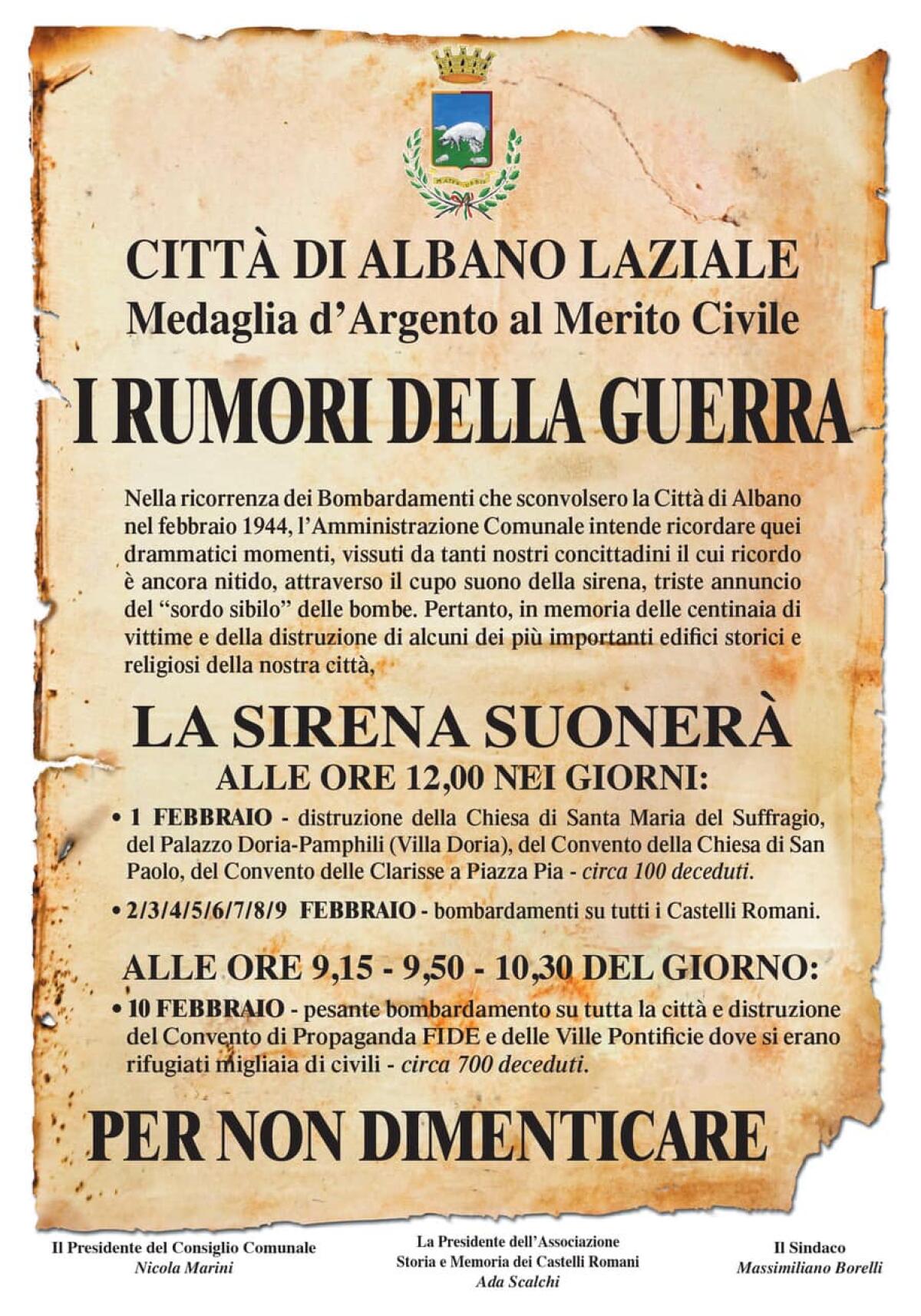 Albano ricorda i bombardamenti del 1944: in città risuona la sirena antiaerea - 