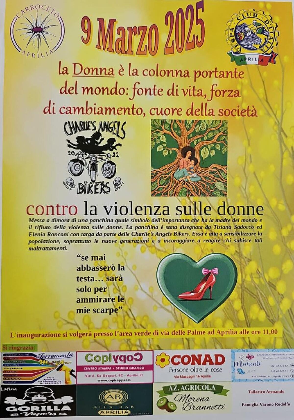 Violenza sulle donne, una panchina al parco Carroceto di Aprilia e pranzo sociale alla comunità "Raggio di Sole". - 