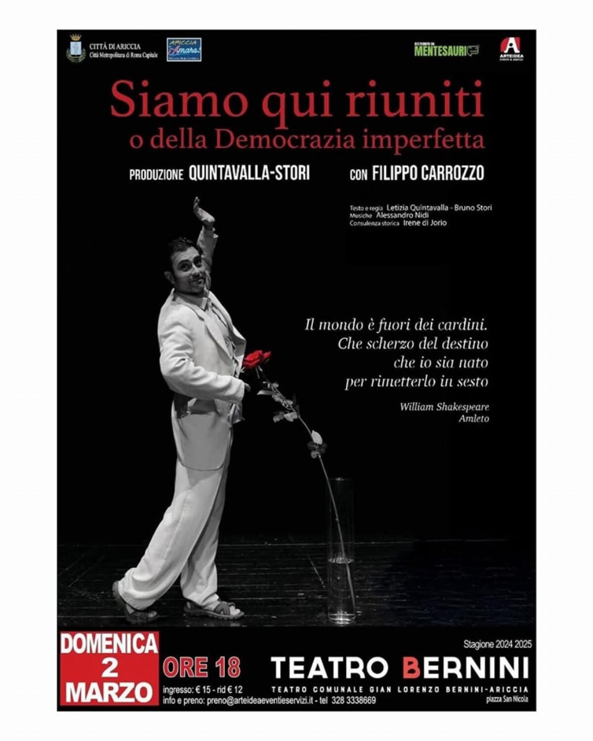 Ariccia, domenica 2 marzo al Teatro Bernini "Siamo qui riuniti o della democrazia imperfetta" - 