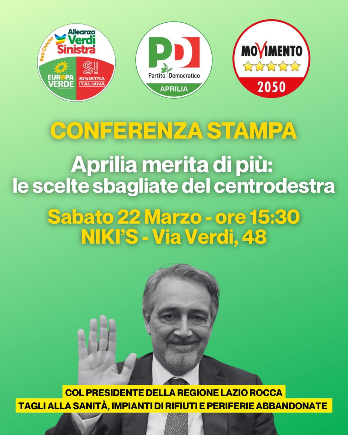 Situazione politica ad Aprilia e le scelte sbagliate della Regione. Conferenza congiunta del Pd,  Alleanza Verdi e Sinistra e M5S. - 