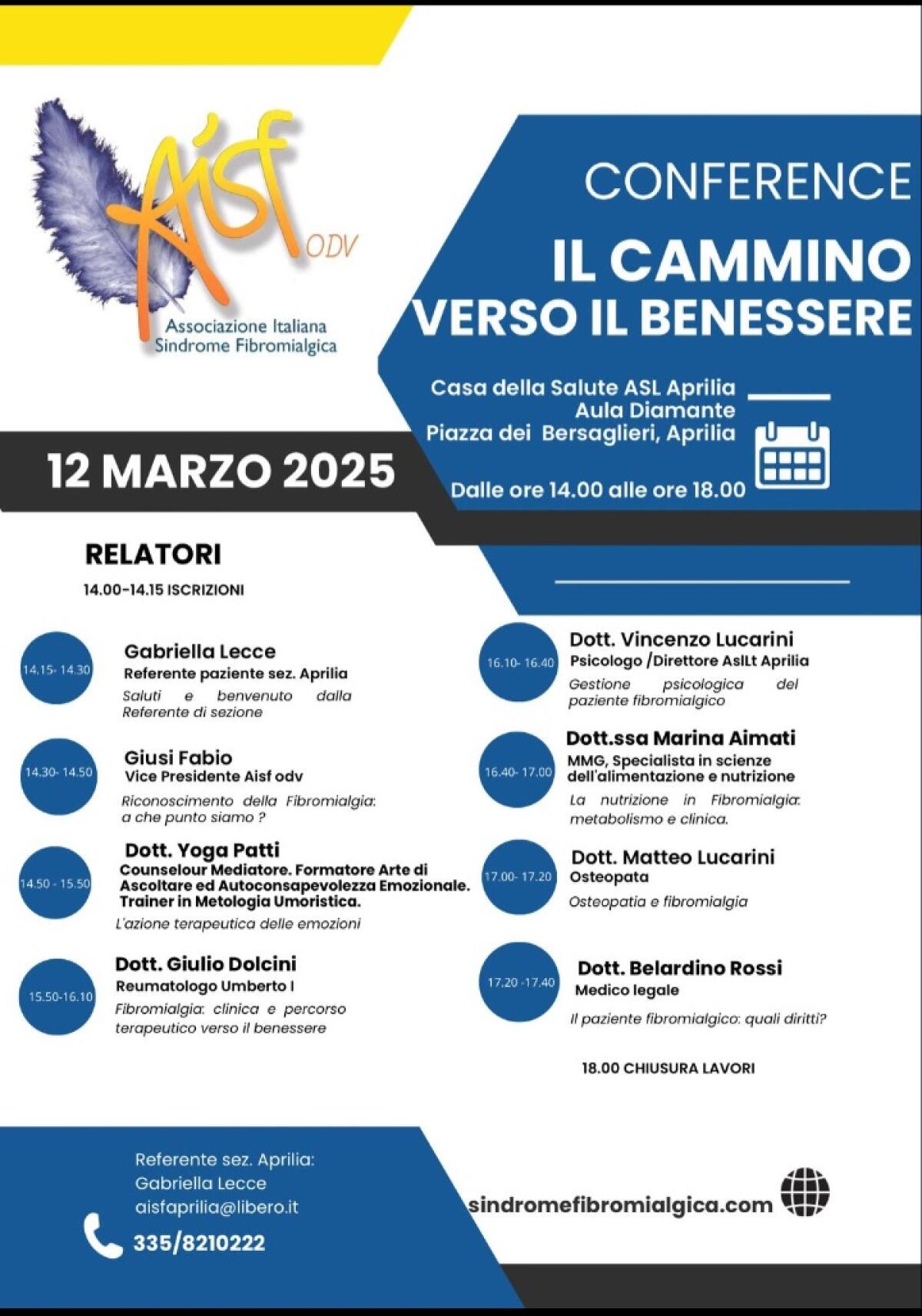 Fibromialgia, “Il cammino verso il benessere”: conferenza oggi ad Aprilia a cura dell’Aisf. - 