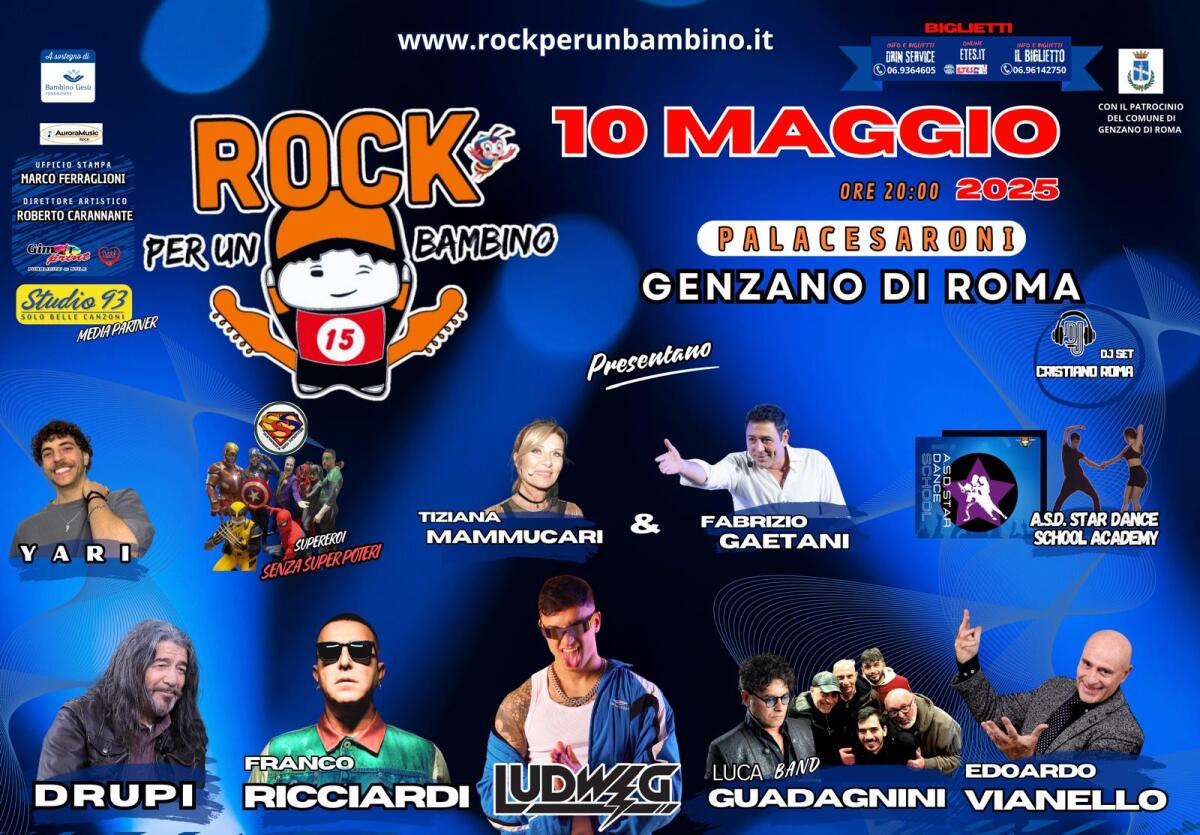 "Rock per un Bambino": solidarietà e musica stasera al "Pala Cesaroni" di Genzano! Tra gli ospiti Edoardo Vianello, Drupi e Ludwig. - 