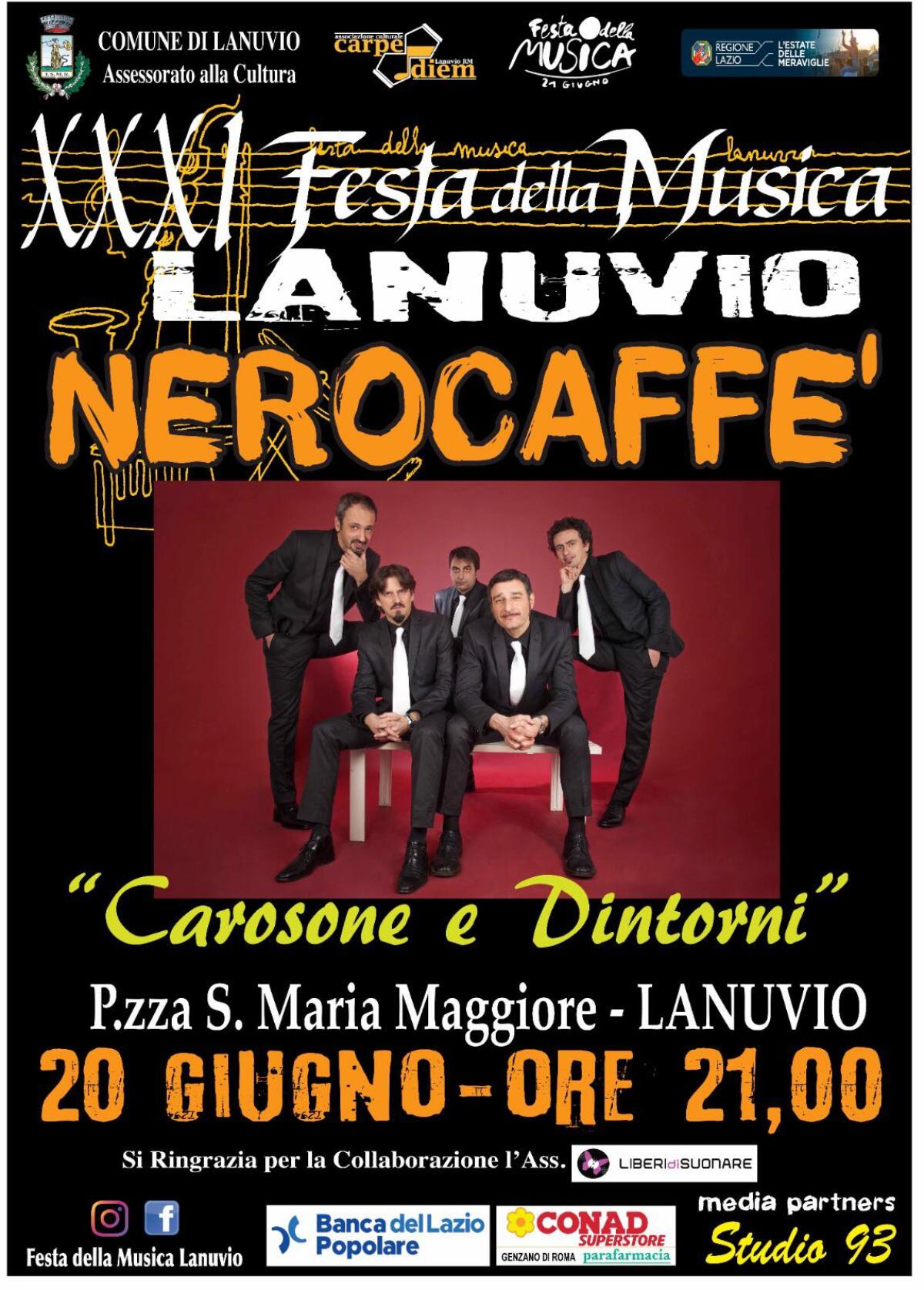 Entra nel vivo la “Festa della Musica” di Lanuvio. Venerdì 20 giugno il concerto dei Nerocaffé con “Carosone e dintorni”. - 