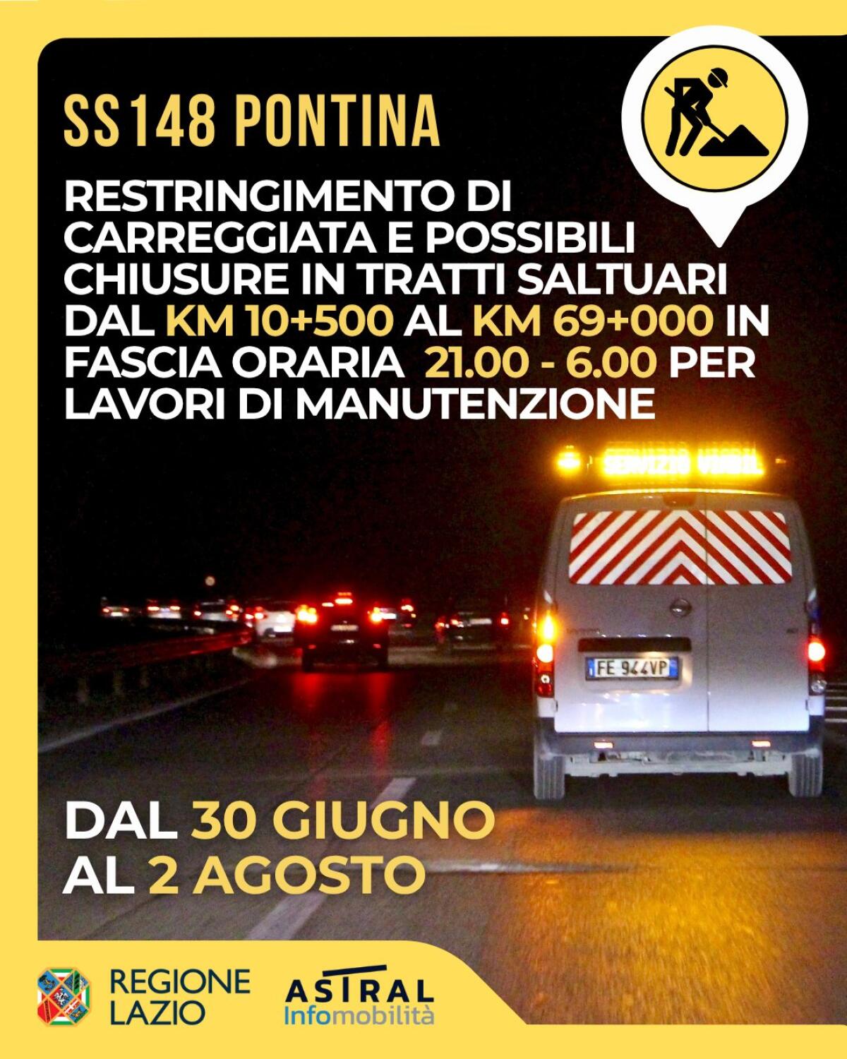 Lavori di manutenzione sulla Pontina dal 30 giugno al 2 agosto. Previste chiusure e restringimenti di carreggiata. - 