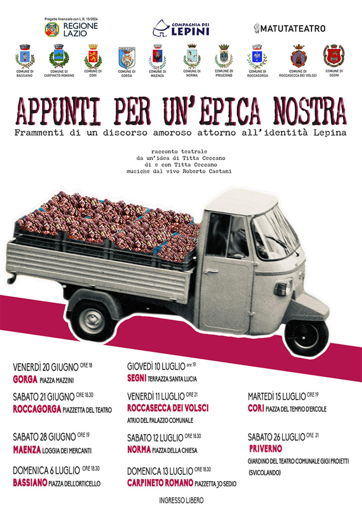 “Appunti per un’epica nostra”: teatro itinerante in 10 Comuni dei Lepini - 