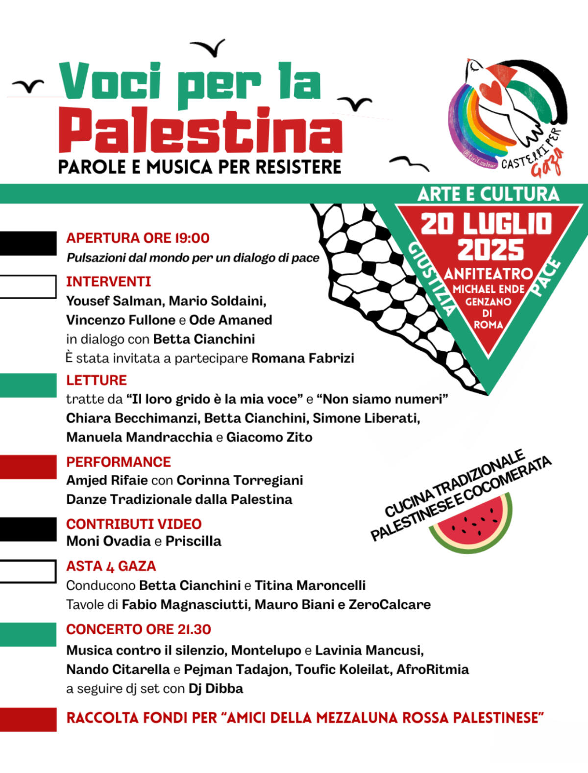 Genzano, il 20 luglio "Castelli per Gaza. Voci per la pace" all'Anfiteatro Michel Ende - 