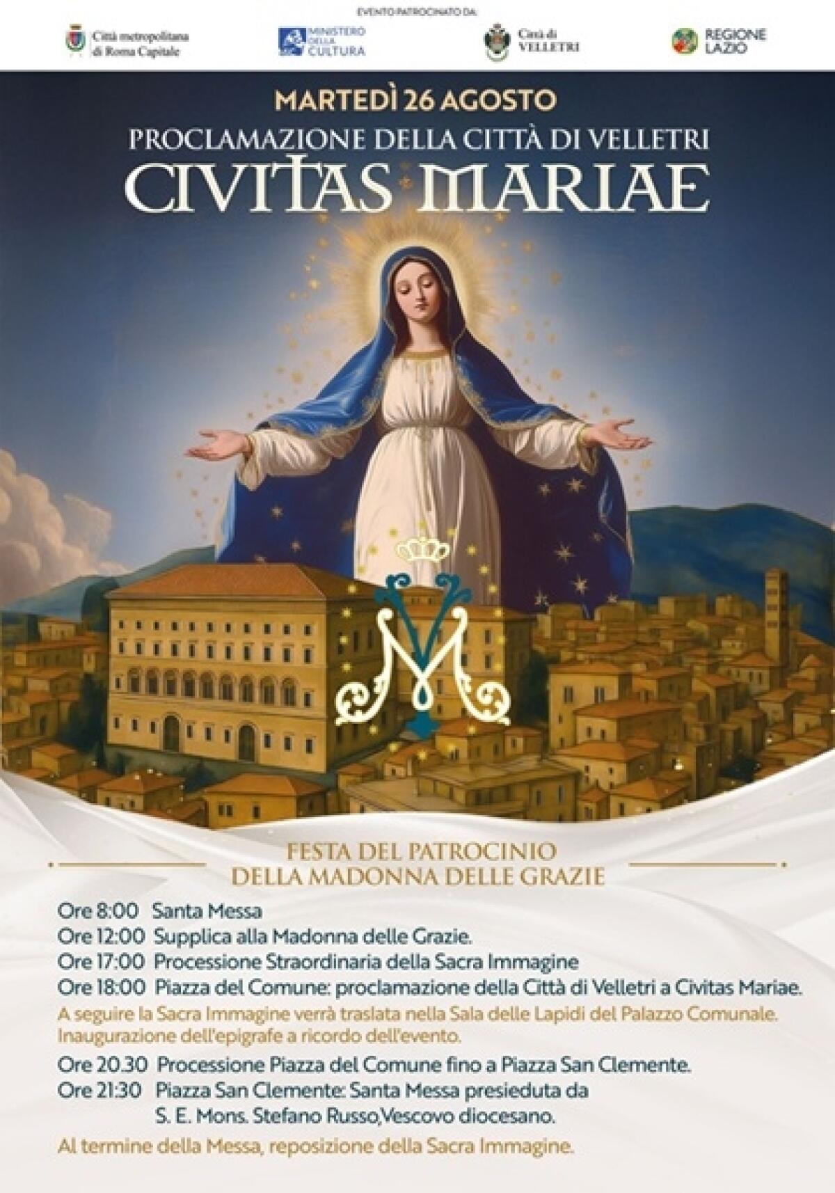 Velletri, festa martedì 26 agosto per il Patrocinio della Madonna delle Grazie - 