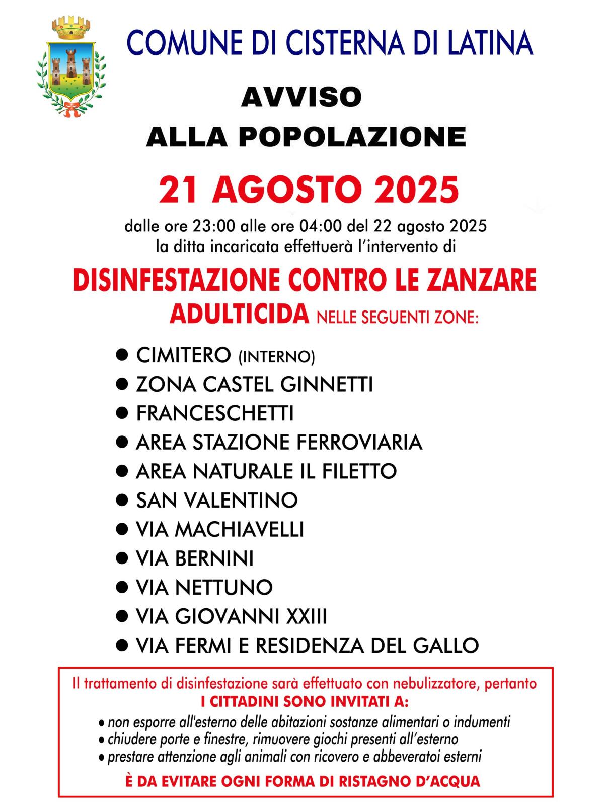 West Nile a Cisterna, nuovo intervento di disinfestazione nella notte tra il 21 e il 22 agosto - 