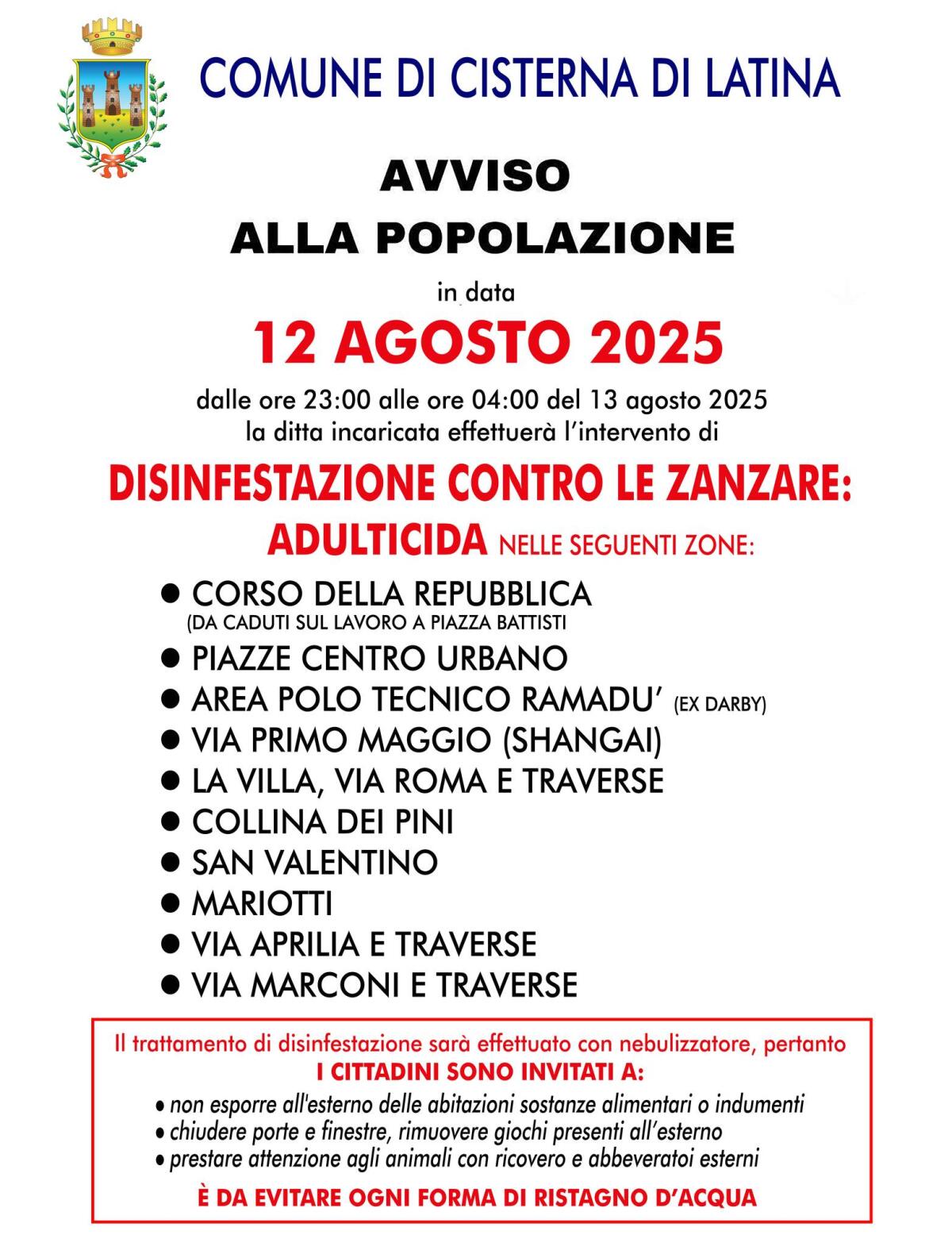 WEST NILE, a Cisterna nuovo intervento di disinfestazione nella notte tra il 12 e il 13 agosto - 