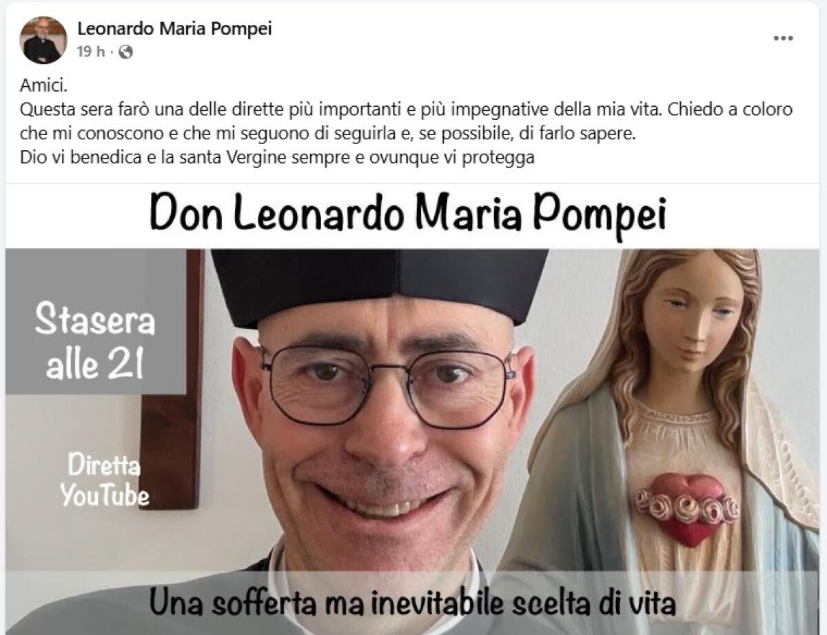Sospeso il parroco Don Leonardo Pompei: incontro social nonostante il divieto del Vescovo Crociata - 