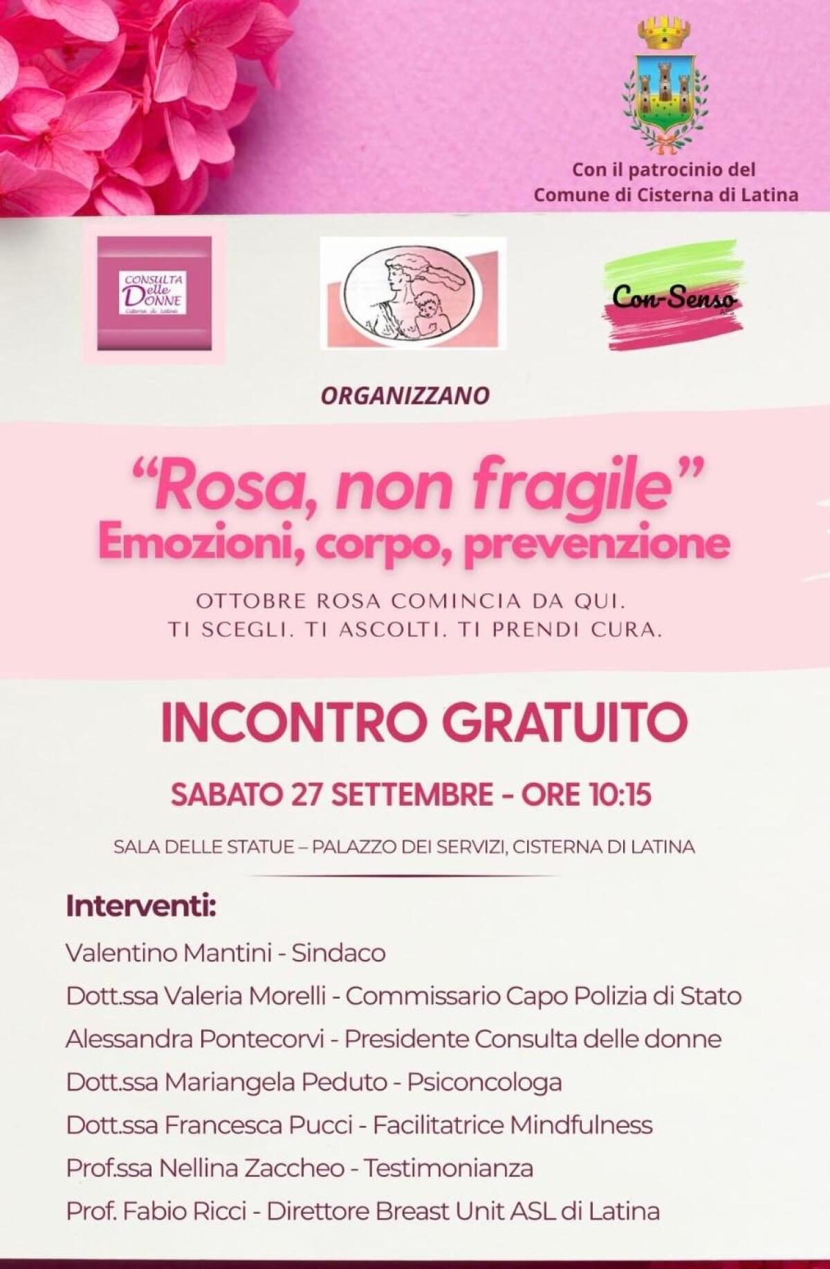 “Rosa, non fragile: emozioni, corpo, prevenzione”. L'evento a Cisterna - 