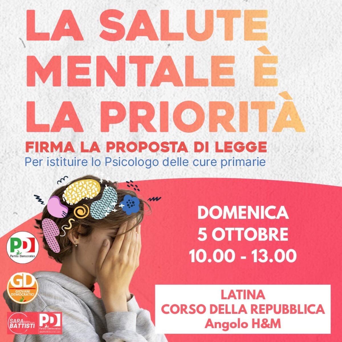 Istituzione dello Psicologo di Base nel Lazio, a Latina la raccolta firme del Pd e dei Giovani Democratici. - 