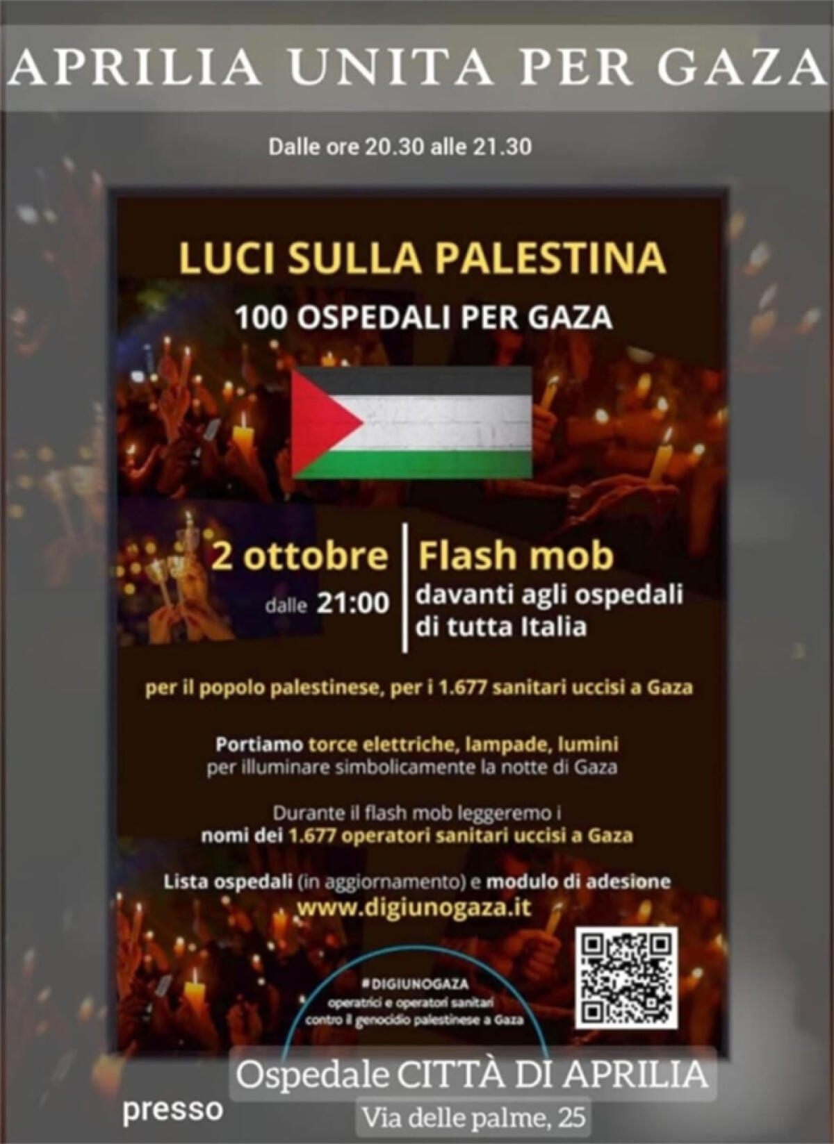 “Aprilia unita per Gaza”. Questo giovedì sera il flash mob "Luci sulla Palestina: 100 ospedali per Gaza” davanti al "Città di Aprilia". - 