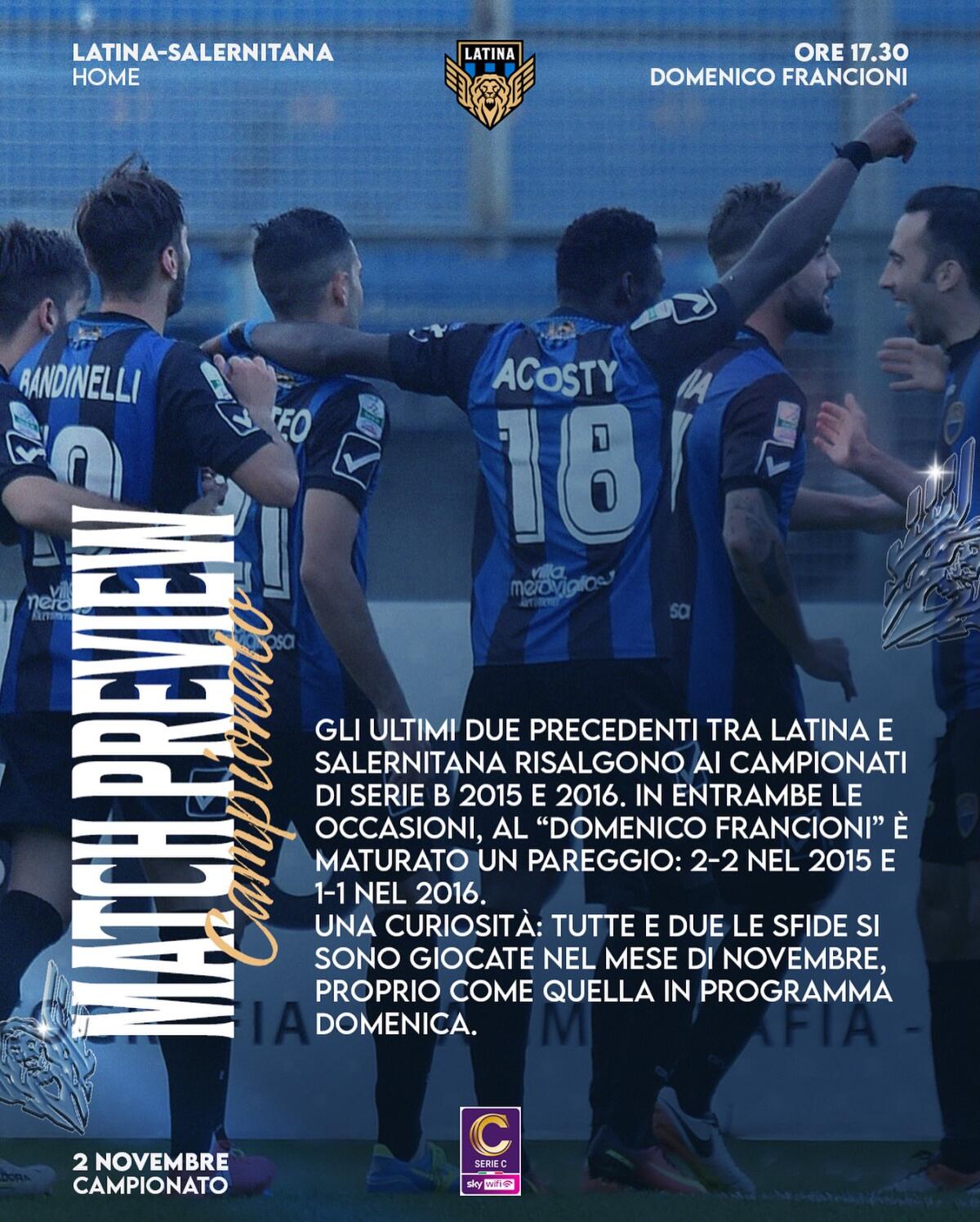 Calcio di serie C, sfida ostica questa domenica per il Latina: al "Francioni" arriva la capolista Salernitana. - 