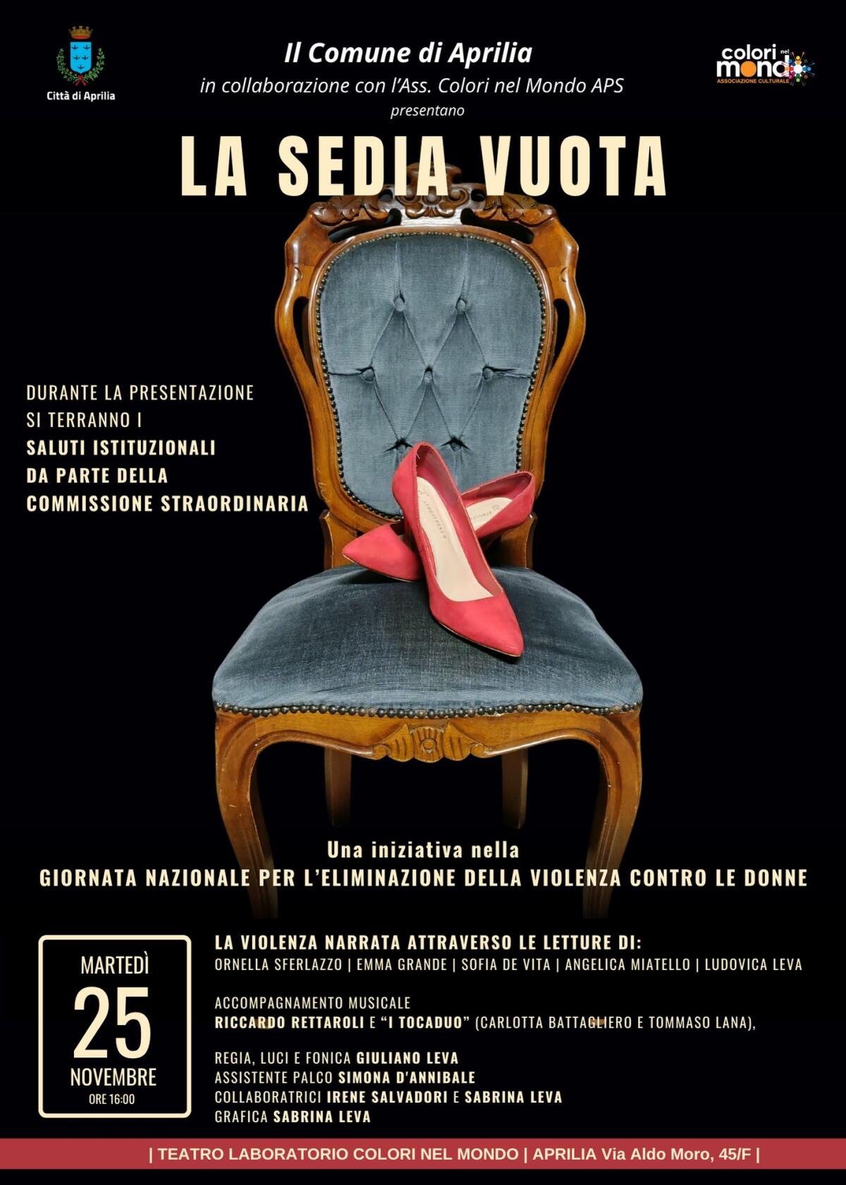 Aprilia, “La Sedia Vuota”: la violenza narrata attraverso letture e musica. In scena lo spettacolo di Giuliano Leva. - 