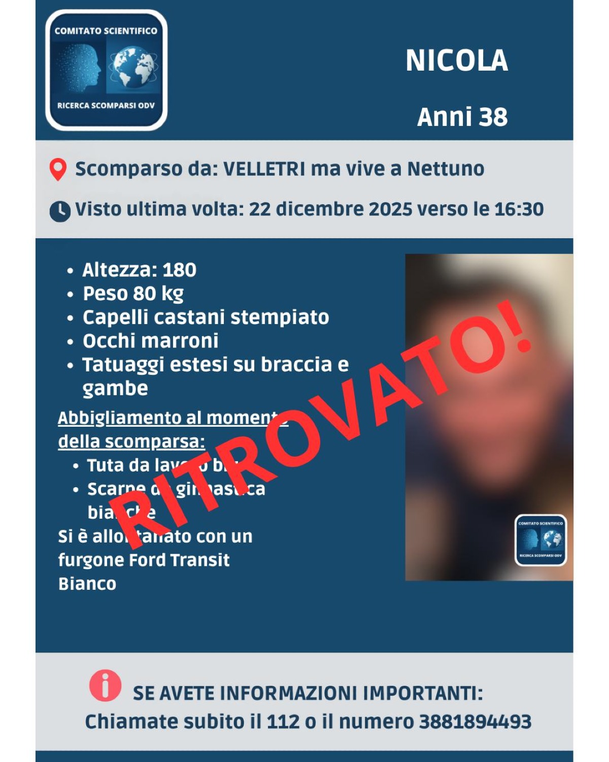 Ritrovato Nicola, il 37enne scomparso da Velletri lo scorso lunedì. - 