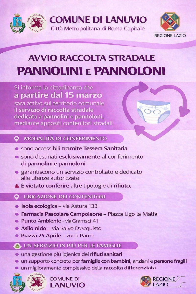 Lanuvio, raccolta di pannolini e rifiuti sanitari