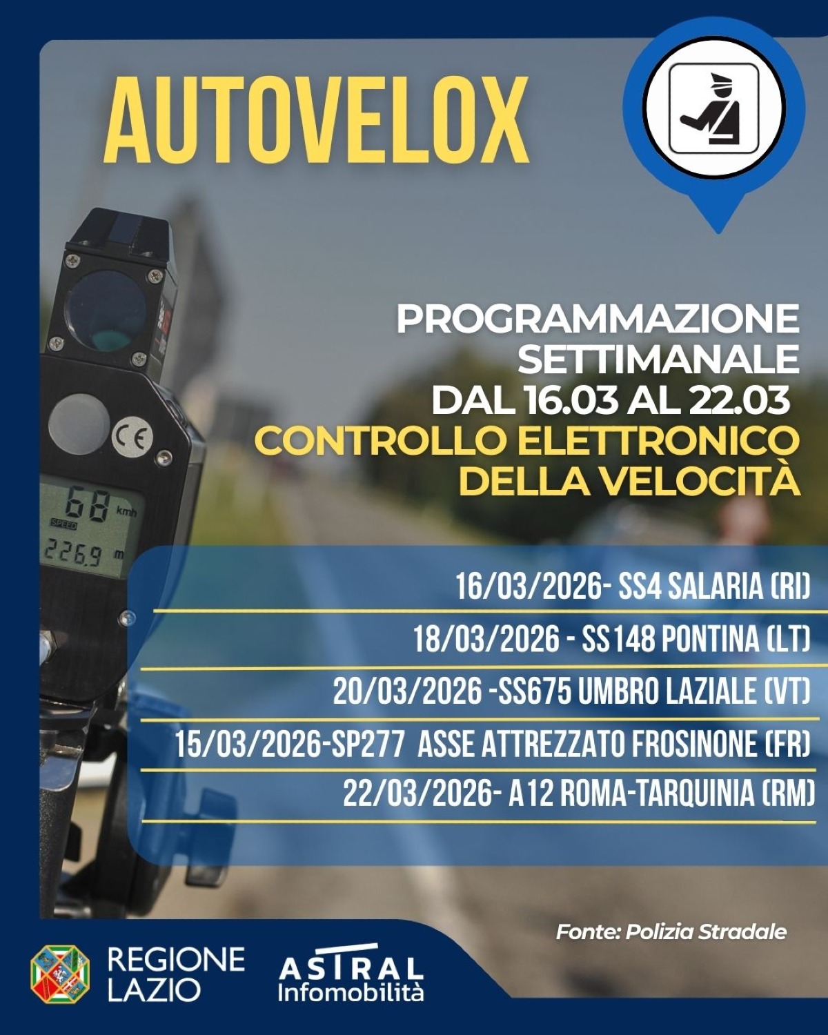Controlli della velocità, Polizia Stradale sulla Pontina questa settimana - 