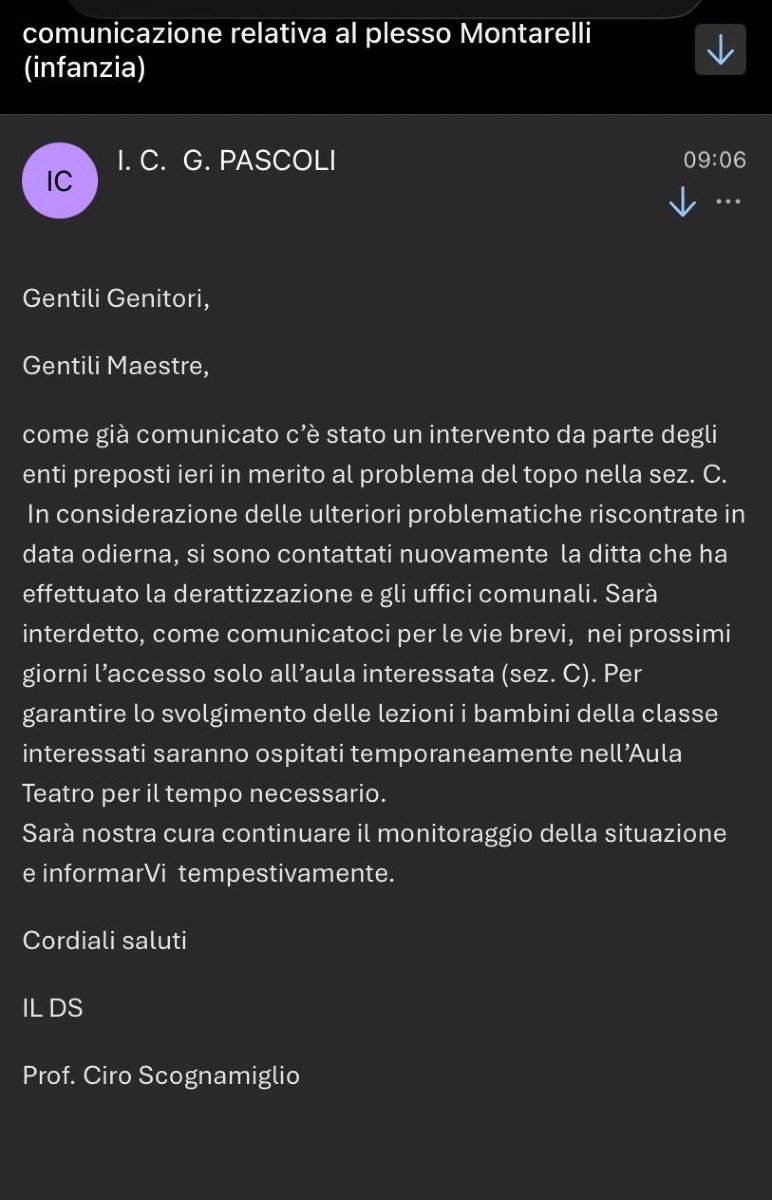 Topo nel plesso Montarelli di Aprilia- la comunicazione del DS