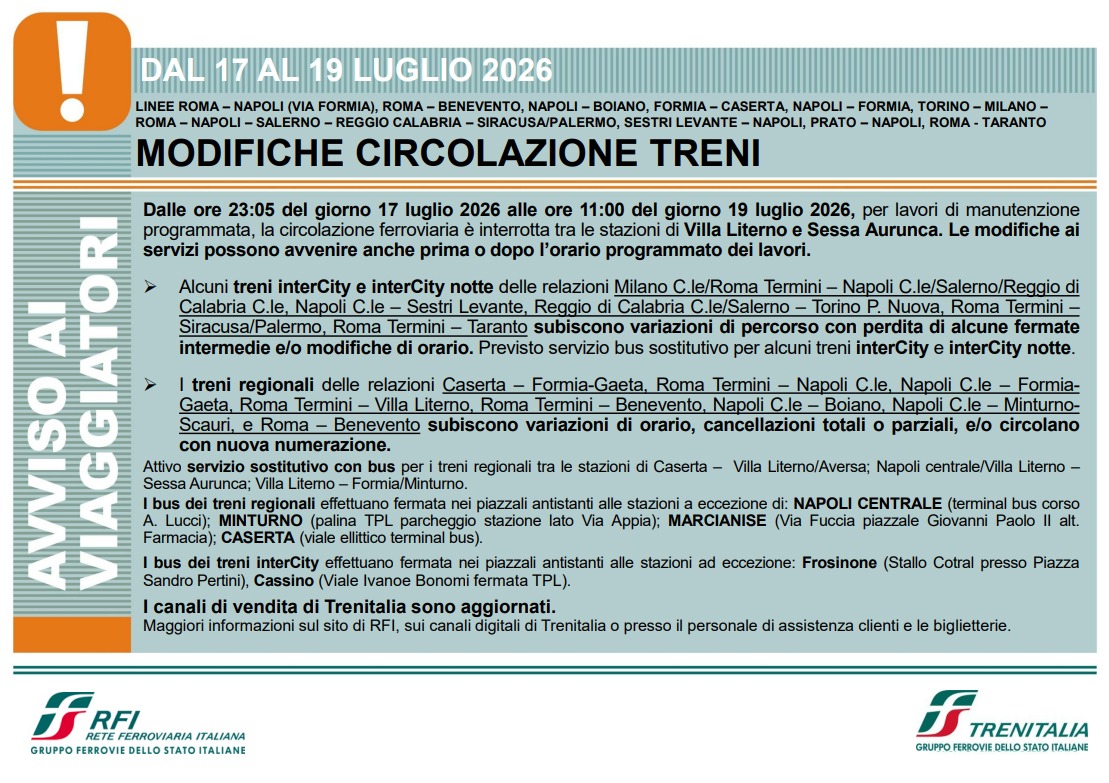 Roma-Napoli via Formia - modifica circolazione treni 