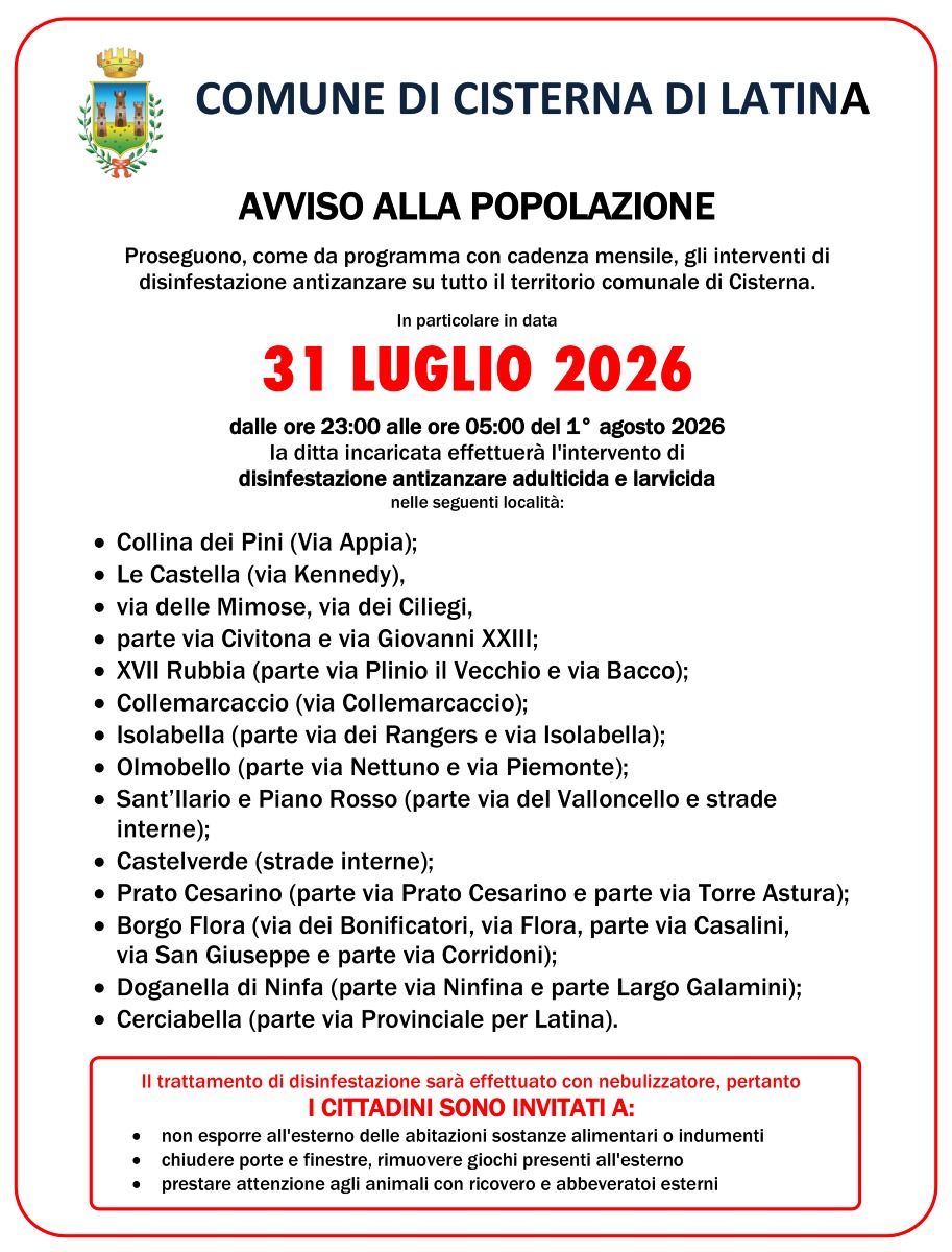 Cisterna_AVVISO DISINFESTAZIONE ANTIZANZARE 31 LUGLIO