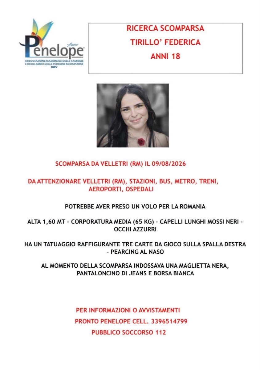 Velletri - Federica scomparsa dal 9 agosto, l’appello per ritrovarla  - 