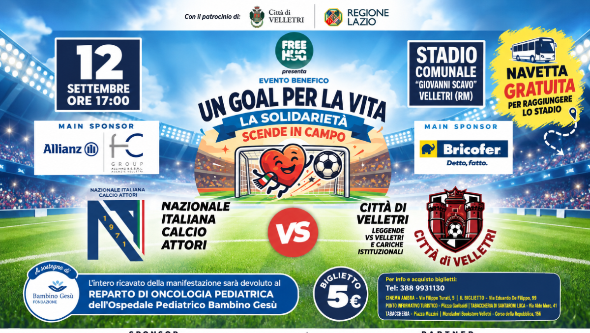 Velletri, "Un Goal per la Vita – La solidarietà scende in campo":  tra gli ospiti Ninetto Davoli - 
