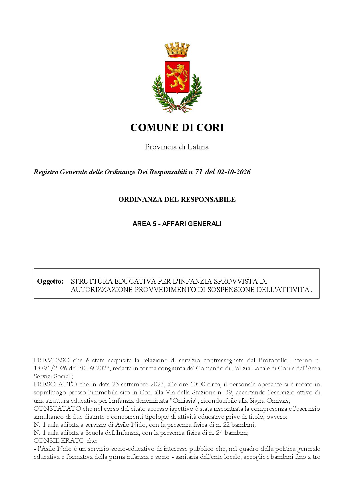 Ordinanza Comune di Cori