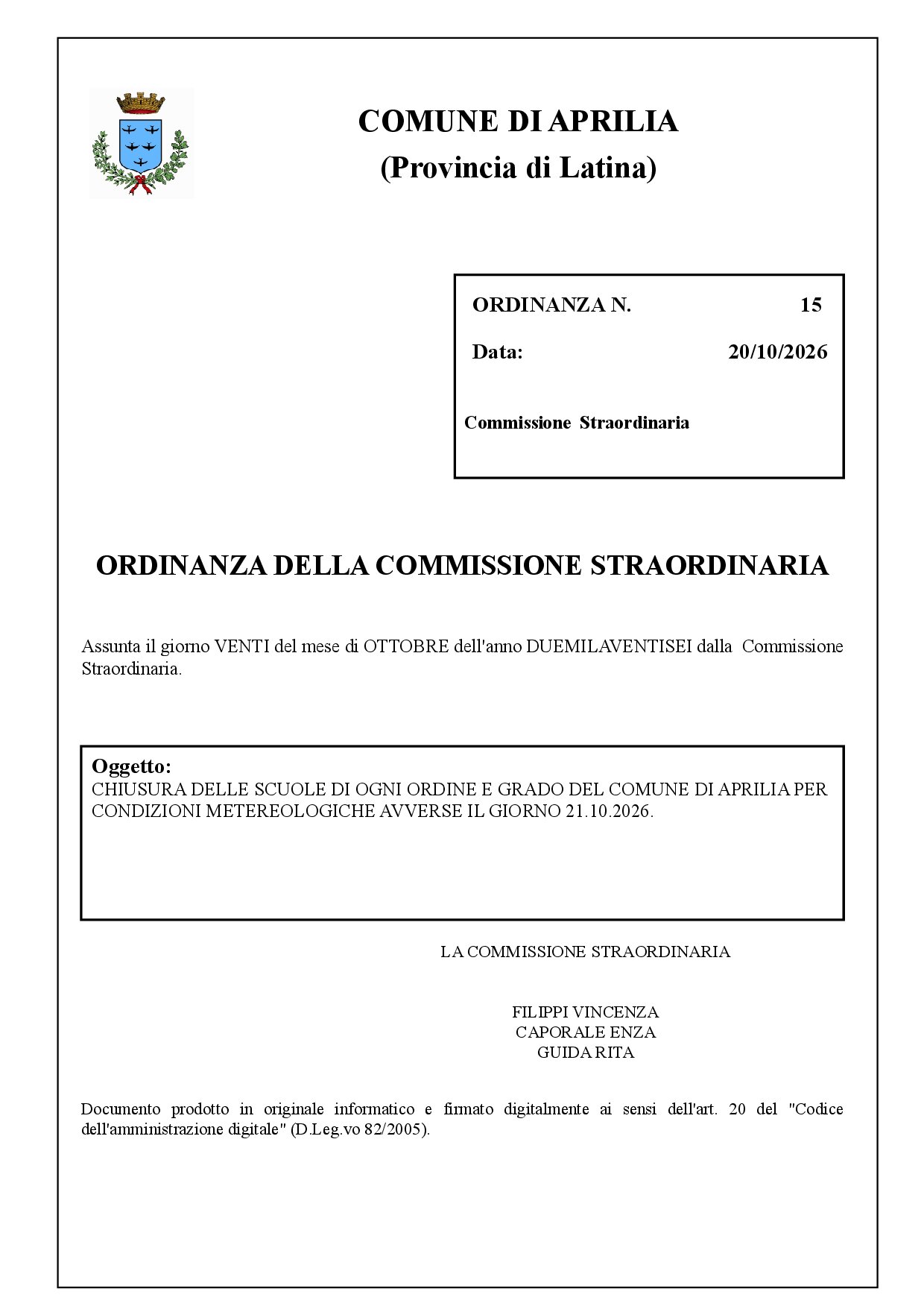 Ordinanza del Comune di Aprilia