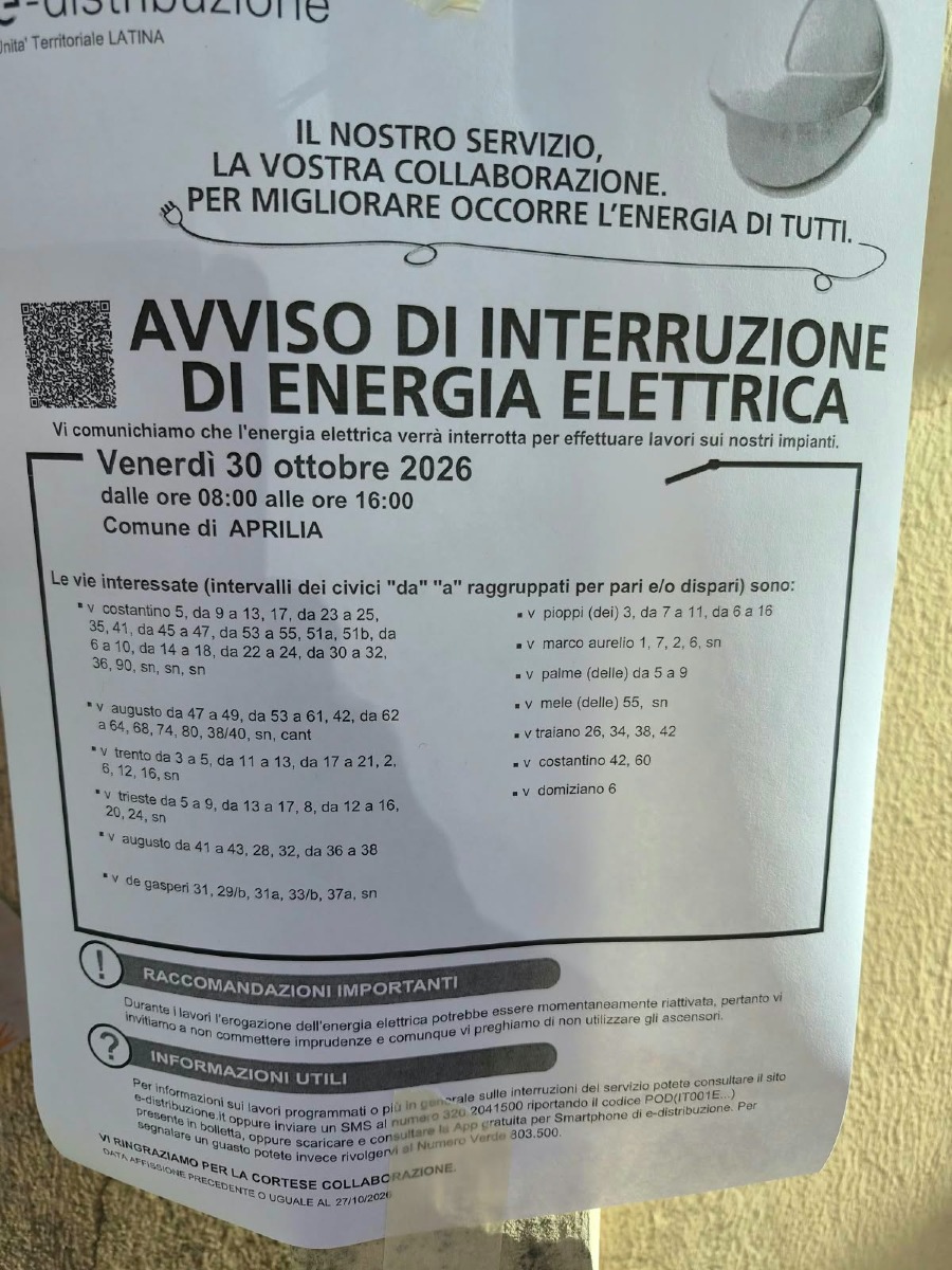 Interruzione Elettrica Aprilia - 30 Ottobre
